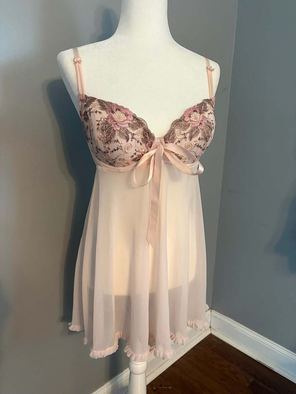 Enchanted Pink Sheer Babydoll Lingerie Chemise with Floral Embroidery and Satin